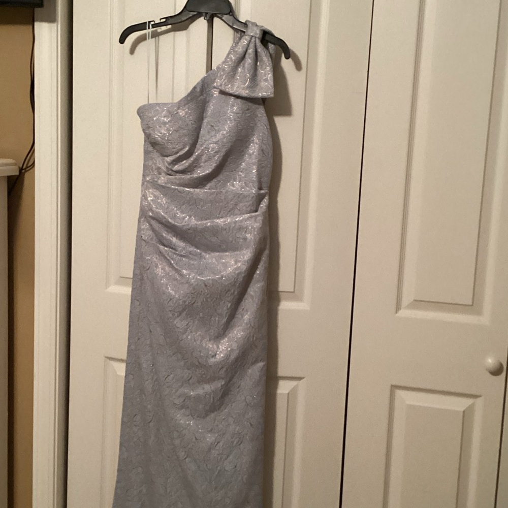 Teri Jon One Shoulder Dress in Light Gray